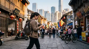 Traveler using social media while visiting China