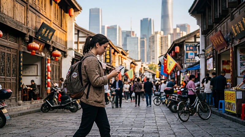 Traveler using social media while visiting China