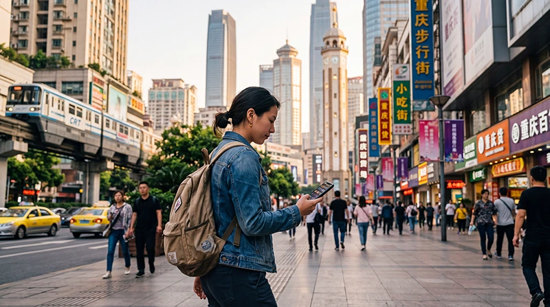 Traveler using navigation while traveling in China