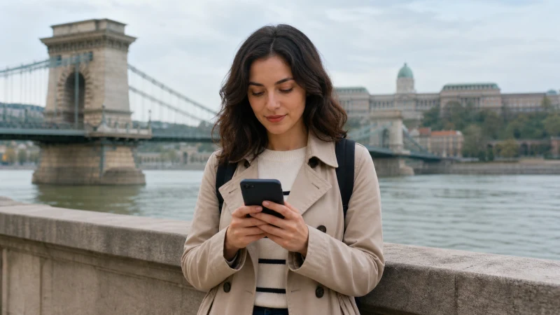 Traveller checking a map route on a smartphone in Budapest, Hungary