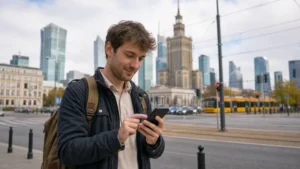 Traveller checking a smartphone map on a Warsaw street.