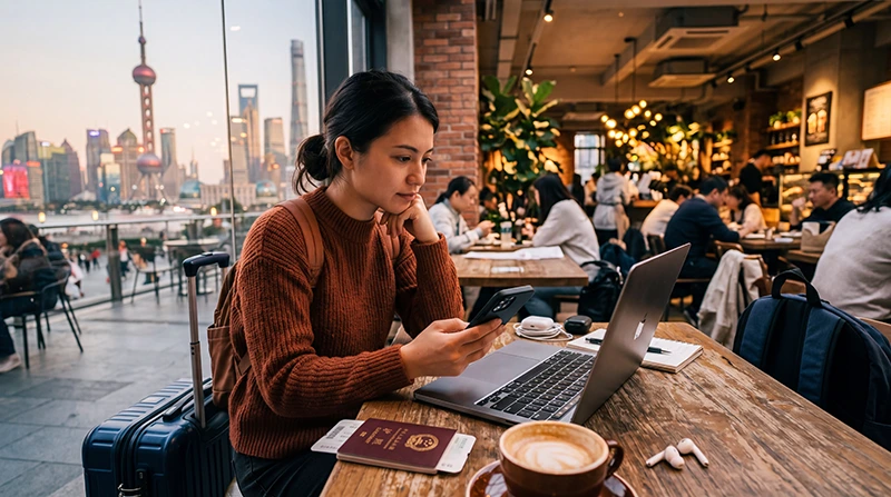 Traveler using internet services while traveling in China