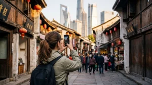 Traveler using social media while traveling in China