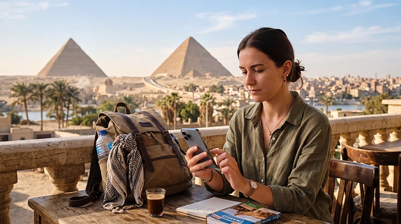 Tourist checking if an eSIM works while traveling in Egypt