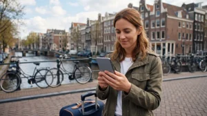 Traveller checking whether an existing eSIM works after arriving in the Netherlands