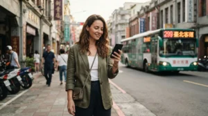 Traveller checking whether an eSIM works on a smartphone in Taiwan