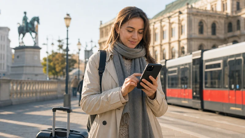 Traveller checking eSIM compatibility on a smartphone in Vienna