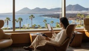 Traveller checking whether a smartphone supports eSIM before visiting the Canary Islands