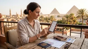 Tourist checking if their phone supports eSIM before traveling to Egypt