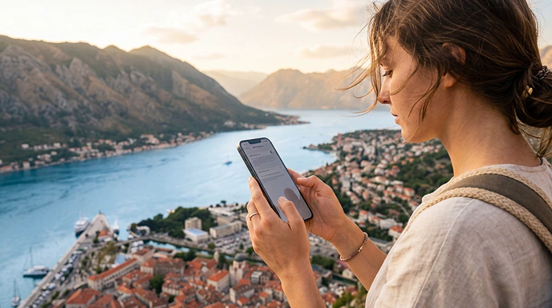 Traveler checking if a smartphone supports eSIM before traveling to Montenegro