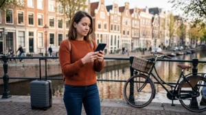 Traveller checking whether a smartphone supports a Netherlands travel eSIM