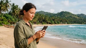 Traveler checking whether a smartphone supports eSIM before a trip to Sri Lanka