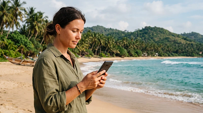 Traveler checking whether a smartphone supports eSIM before a trip to Sri Lanka