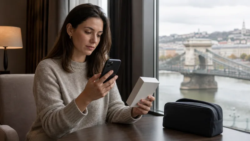 Traveller checking whether a phone supports a Hungary eSIM in Budapest