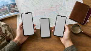 Traveller comparing three smartphones for Poland eSIM compatibility.