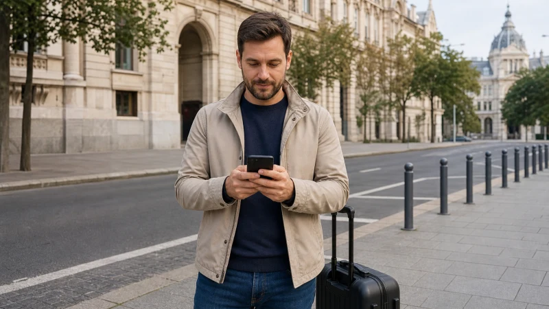 Traveller booking a city ride on a smartphone beside a Budapest street
