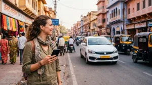 International tourist using mobile internet to request an Uber ride in India