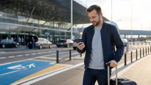 Traveller checking a ride request on a smartphone at a Polish station.
