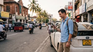 Traveler using mobile internet to arrange transportation in Sri Lanka