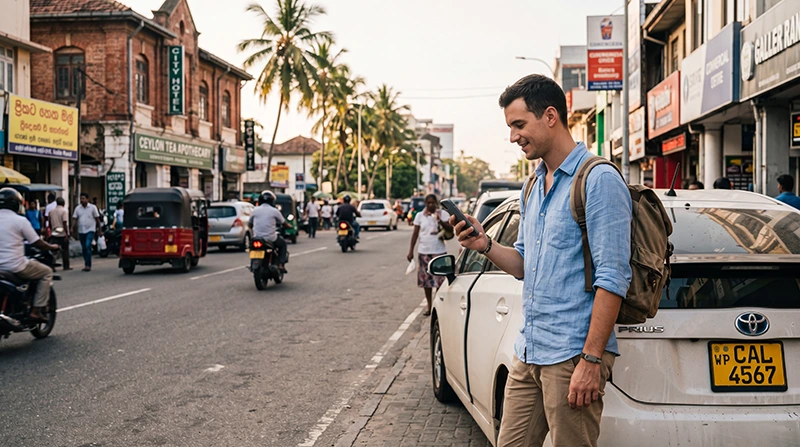 Traveler using mobile internet to arrange transportation in Sri Lanka