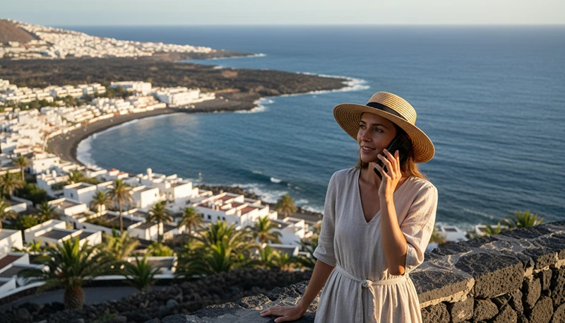 Traveller using WhatsApp with a travel eSIM while visiting the Canary Islands