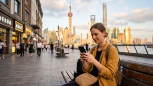 Traveler using WhatsApp while traveling in China with an eSIM
