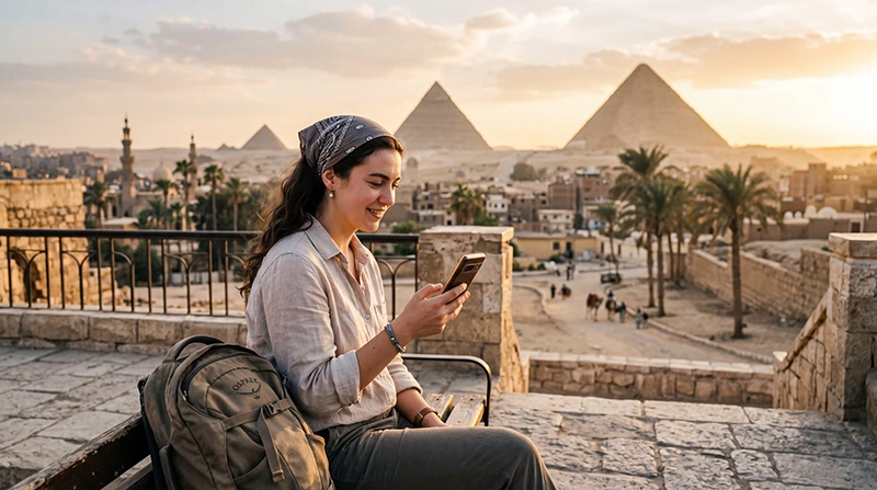 Tourist using WhatsApp with mobile internet while traveling in Egypt