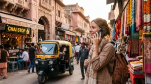 Tourist using WhatsApp with an India eSIM while travelling in India