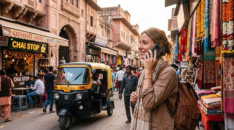 Tourist using WhatsApp with an India eSIM while travelling in India