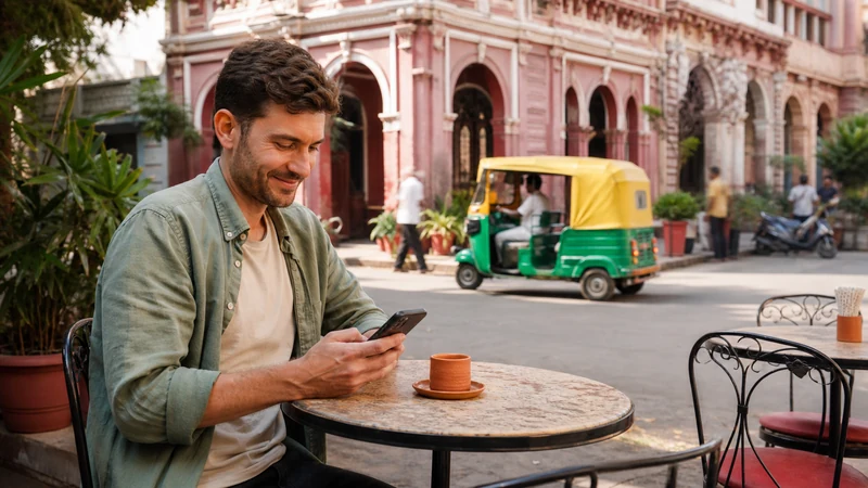 Traveller using a smartphone at an outdoor cafe in India.