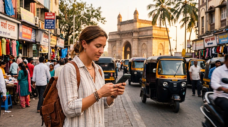 Traveler using WhatsApp with an India eSIM