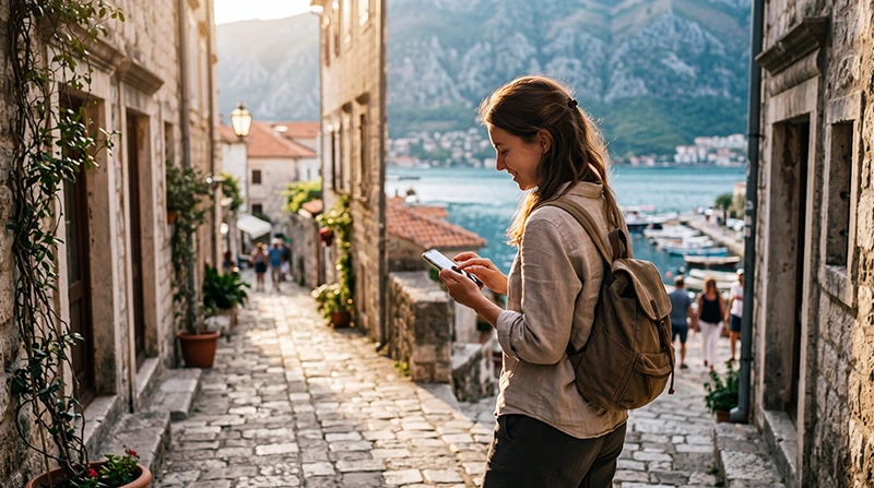 Traveler using WhatsApp with a Montenegro eSIM while exploring Kotor