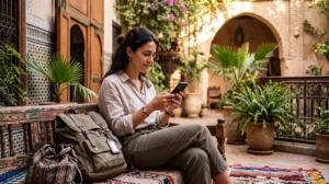 Traveler using WhatsApp with mobile data in Morocco