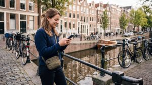 Traveller using WhatsApp with mobile data while visiting the Netherlands