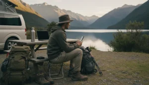 Traveller using WhatsApp with mobile data during a trip in New Zealand