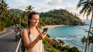 Traveler using WhatsApp with a travel eSIM while exploring Sri Lanka