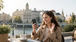 Traveller using WhatsApp over an Austria eSIM beside the Vienna riverside