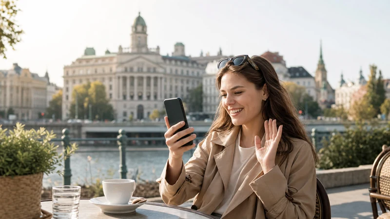 Traveller using WhatsApp over an Austria eSIM beside the Vienna riverside