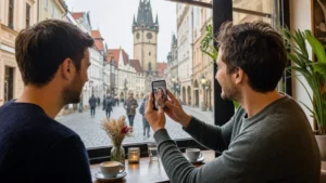 Traveller making a data-based video call from a Prague cafe.