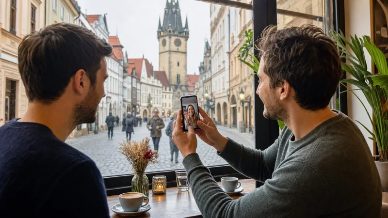 Traveller making a data-based video call from a Prague cafe.