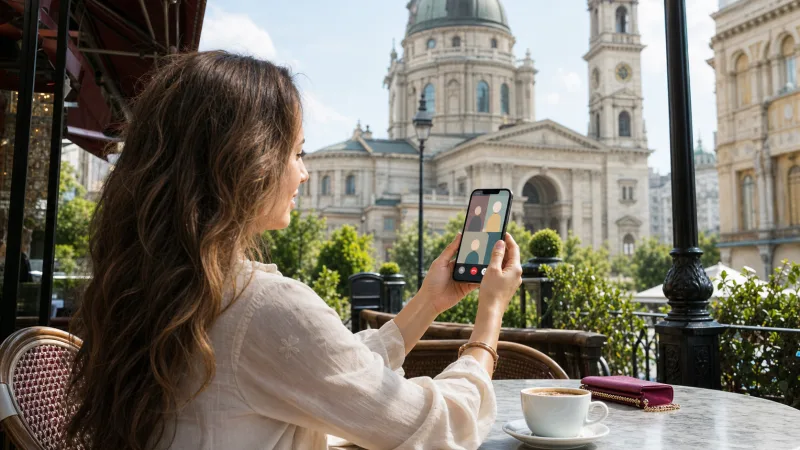 Traveller using an internet video call with a Hungary eSIM in Budapest