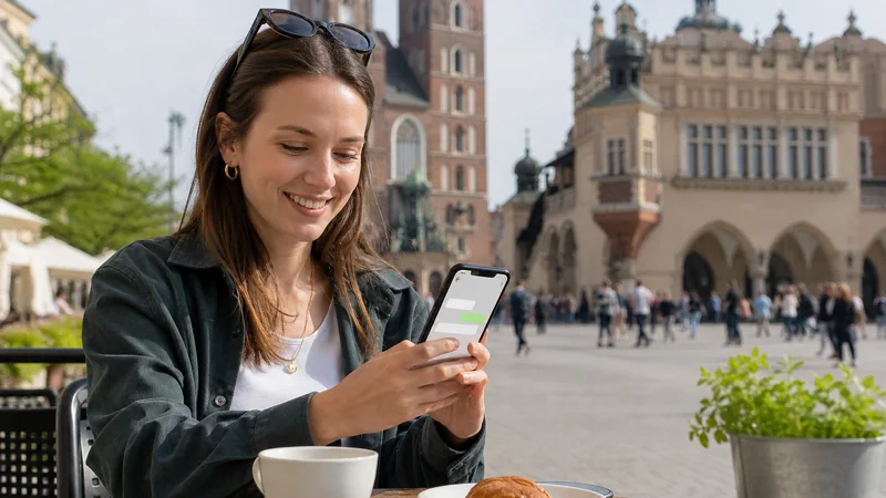 Traveller using data-based messaging in Kraków with a Poland eSIM.
