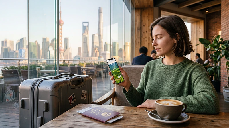 Traveler using online video services while visiting China