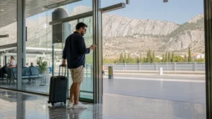 Traveller checking mobile data at Dubrovnik Airport.