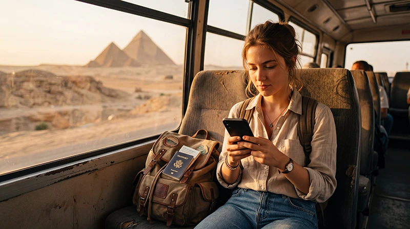 Tourist using an eSIM while traveling between Egypt and Jordan