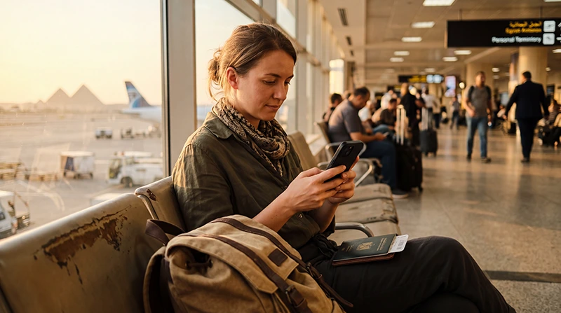 Tourist using an eSIM while traveling between Egypt and Saudi Arabia