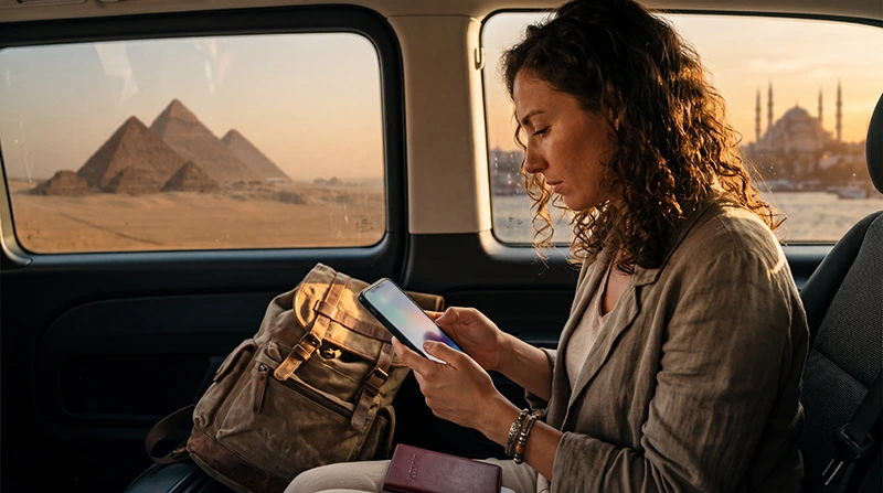 Tourist using an eSIM while traveling between Egypt and Turkey