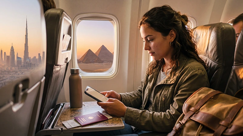 Tourist using an eSIM while traveling between Egypt and the UAE