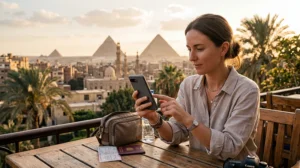 Tourist using an Android phone with an Egypt eSIM while traveling