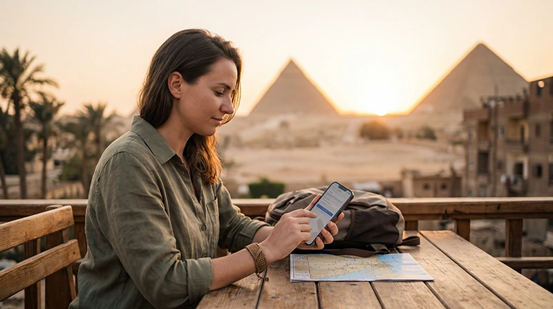 Tourist using an iPhone with an Egypt eSIM while traveling